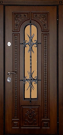 Фотография «Дверь со стеклом железная с ковкой коричневая №14»