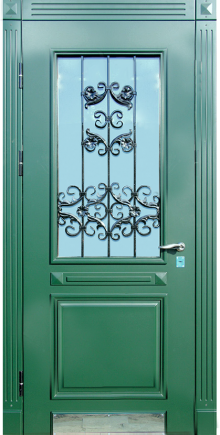 Фотография «Дверь массив дуба стальная со стеклом зеленая №67»