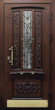 Фотография «Дверь со стеклом железная с отделкой массивом дуба №65»